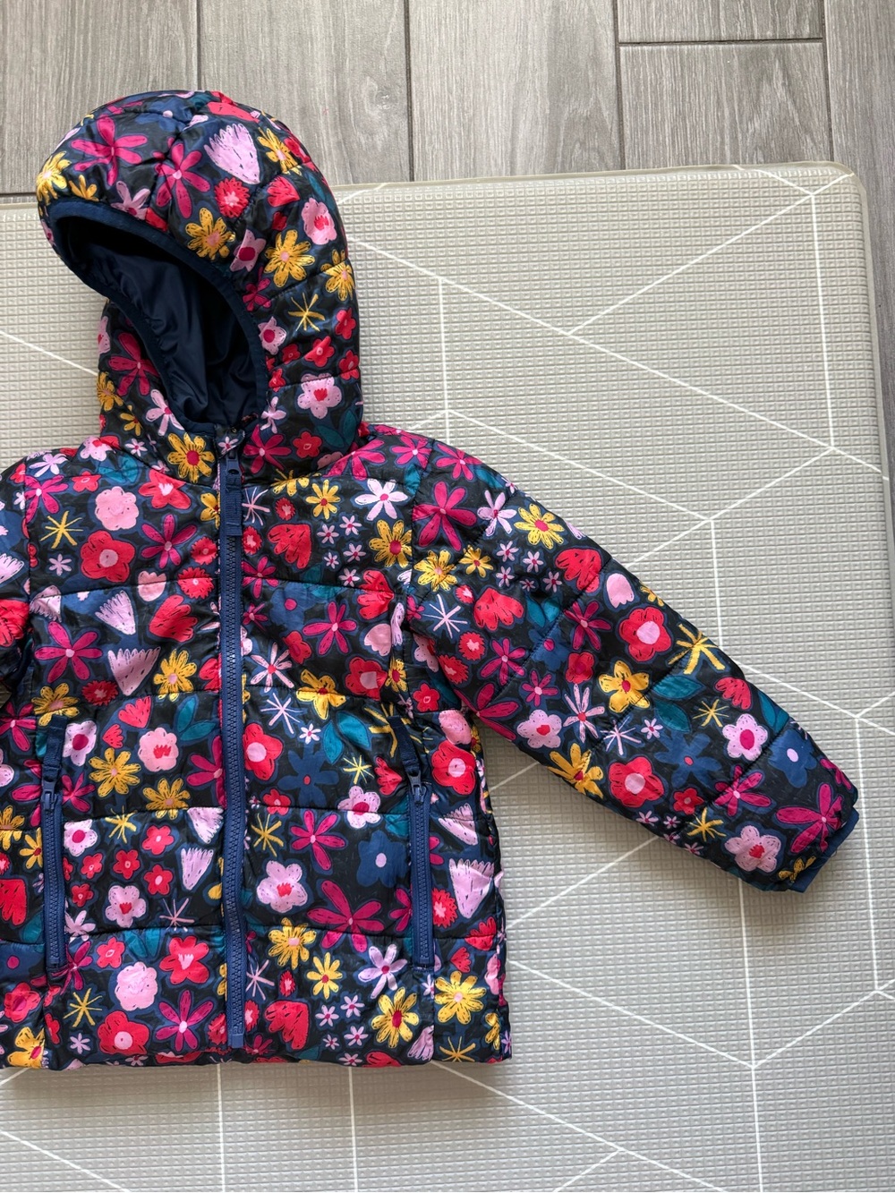 Okie dokie|Baby girl/toddler Hooded Puffer quilted Jacket - Navy & pink florals•